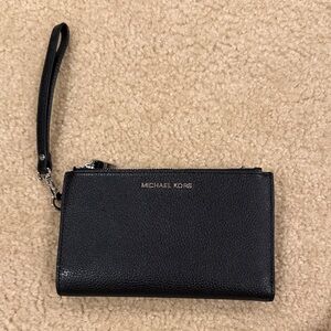Michael Kors Black Pebbled Leather Wristlet with Silver Hardware